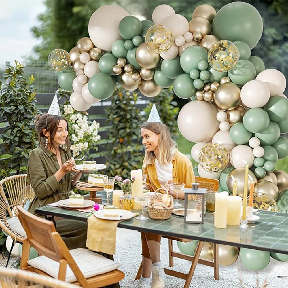 Kit Arche de Ballons Vert Sauge, Sable & Doré